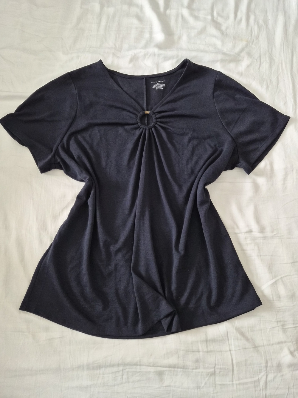 Lane Bryant Navy Short Sleeve Ring-Front Tee